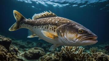 A close-up of a spotted fish swimming in clear ocean waters above coral reefs. photo