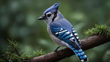 A vibrant blue jay perched on a branch, showcasing its striking plumage in a natural setting. photo