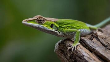 A close-up of a vibrant green lizard perched on a log, showcasing its unique colors and textures. photo