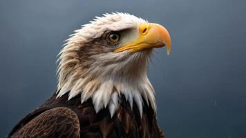 A close-up of a majestic eagle showcasing its sharp features and intense gaze. photo