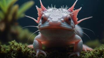 A close-up of an axolotl in a natural aquatic environment. photo