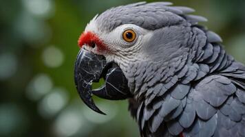 Close-up of a gray parrot showcasing its vibrant feathers and expressive features. photo