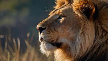 A majestic lion in profile, showcasing its powerful features and serene expression. photo