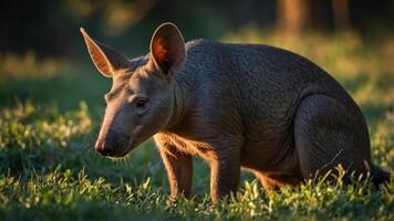 A close-up of an aardvark in a grassy field during golden hour. photo