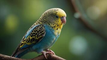 A colorful budgerigar perched on a branch, showcasing its vibrant feathers. photo