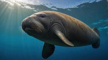 A serene underwater scene featuring a manatee gliding gracefully through clear waters. photo