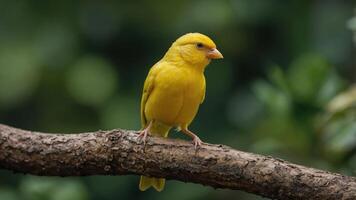 A vibrant yellow canary perched on a branch amidst greenery. photo