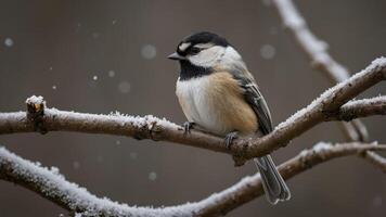 A small bird perched on a snowy branch, surrounded by falling snowflakes. photo