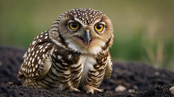A close-up of a burrowing owl perched on the ground, showcasing its distinctive features. photo