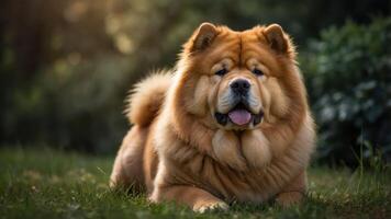 A fluffy Chow Chow dog resting in a grassy area, showcasing its thick fur and friendly demeanor. photo