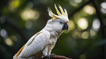 A white cockatoo with a yellow crest perched on a branch, surrounded by a blurred green background. photo