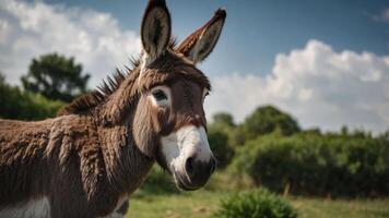 A close-up of a donkey in a natural setting with greenery and blue skies. photo