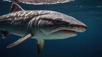 A close-up of a shark swimming underwater, showcasing its features and environment. photo