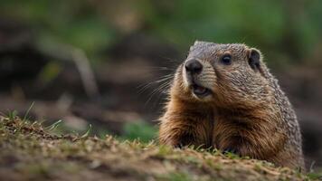 A close-up of a groundhog in a natural setting, showcasing its features and surroundings. photo