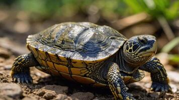 A close-up of a turtle on a rocky surface, showcasing its intricate shell patterns. photo