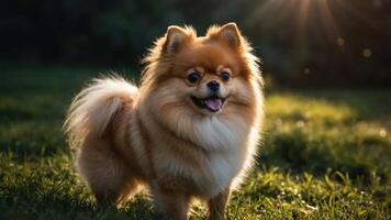 A cheerful Pomeranian dog stands in a sunlit grassy area, exuding happiness and playfulness. photo