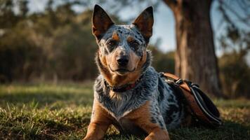 A blue heeler dog resting on the grass near a tree in a serene outdoor setting. photo