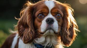 A close-up of a Cavalier King Charles Spaniel with expressive eyes in a natural setting. photo