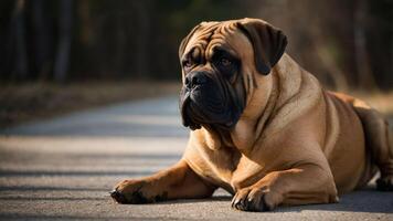 A relaxed dog lying on a path in a natural setting. photo