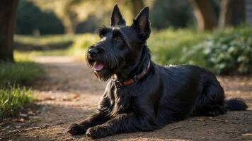 A black dog resting on a path in a sunlit park setting. photo