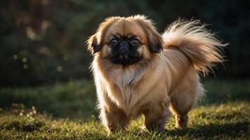 A fluffy dog stands in a grassy area, illuminated by soft sunlight. photo