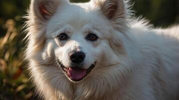 A close-up of a fluffy white dog with a happy expression. photo