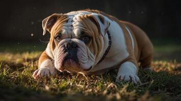 A close-up of a relaxed bulldog resting on grass in soft sunlight. photo