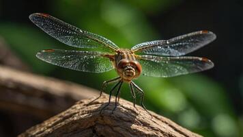 A close-up of a dragonfly perched on a branch, showcasing its intricate wings and body. photo