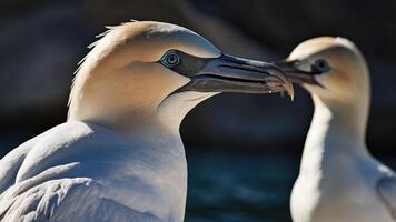 Two gannets with striking plumage and blue eyes, captured in a natural setting. photo