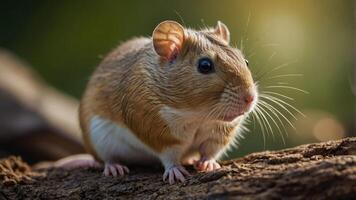 A close-up of a small, brown and white rodent sitting on a log in natural light. photo