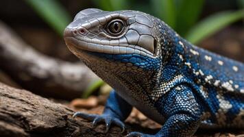 A close-up of a blue-skinned lizard resting on a log in a natural setting. photo