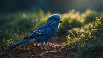 A blue bird walking on a grassy path illuminated by soft sunlight. photo