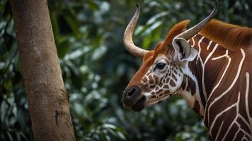 A close-up of a giraffe-like animal with striking patterns against a lush background. photo