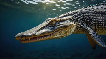 A close-up of a crocodile swimming underwater, showcasing its detailed features and habitat. photo