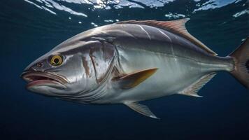 A close-up view of a fish swimming underwater, showcasing its features and environment. photo