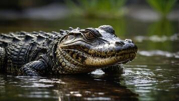A close-up of a crocodile resting in shallow water, showcasing its textured skin and eyes. photo