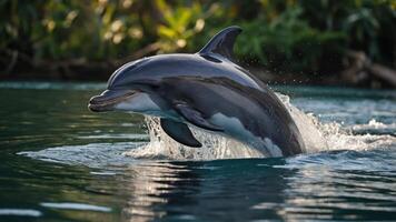 A dolphin leaps gracefully from the water, creating splashes under a lush green backdrop. photo