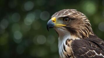 A close-up of a hawk showcasing its detailed feathers and piercing eyes. photo