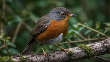 A close-up of a small bird perched on a mossy branch in a natural setting. photo