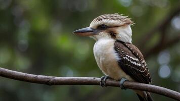 A close-up of a kookaburra perched on a branch with a blurred green background. photo