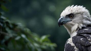 A close-up of a majestic eagle showcasing its striking features and sharp gaze. photo