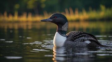 A close-up of a loon swimming in calm waters during sunset, showcasing its striking features. photo