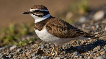 A small bird with distinctive markings stands on gravel, blending with its environment. photo