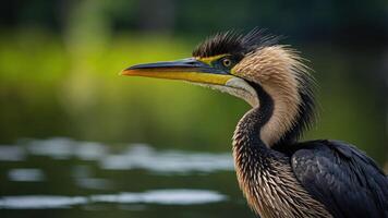 A close-up of a bird with a striking beak and feathers near a tranquil water surface. photo