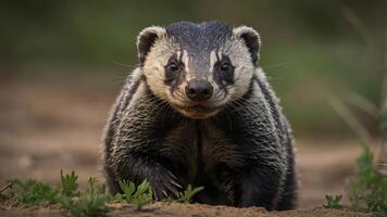 A close-up of a badger in a natural setting, showcasing its features and environment. photo