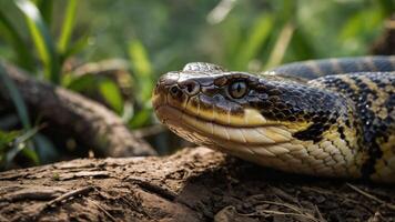 A close-up of a snake resting on the ground amidst greenery. photo