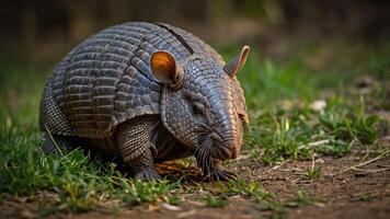 A close-up of an armadillo walking on the ground amidst green grass. photo