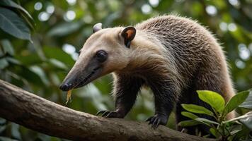 A tamandua climbing on a branch in a lush green environment. photo