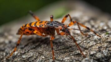 Close-up of an orange and black insect on a textured surface. photo