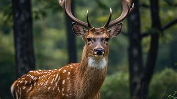 A close-up of a deer with antlers in a natural forest setting. photo